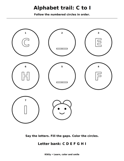 Alphabet trail: C to I printable coloring sheet
