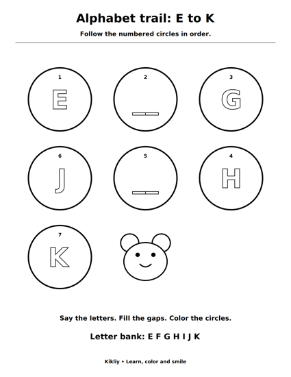 Alphabet trail: E to K printable coloring sheet
