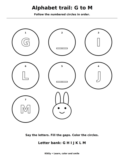 Alphabet trail: G to M printable coloring sheet