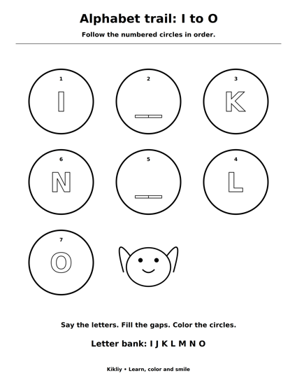 Alphabet trail: I to O printable coloring sheet