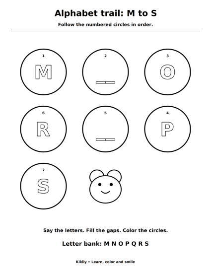 Alphabet trail: M to S printable coloring sheet