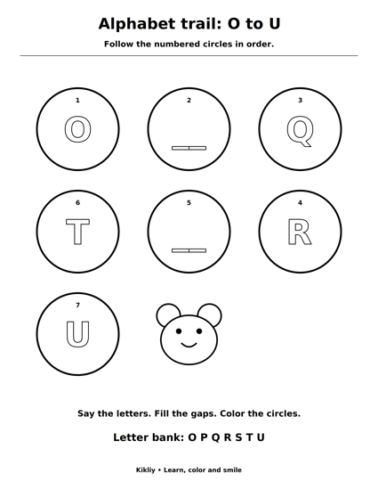 Alphabet trail: O to U printable coloring sheet