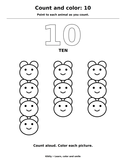 Count and color: 10 printable coloring sheet
