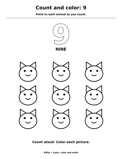 Count and color: 9 printable coloring sheet