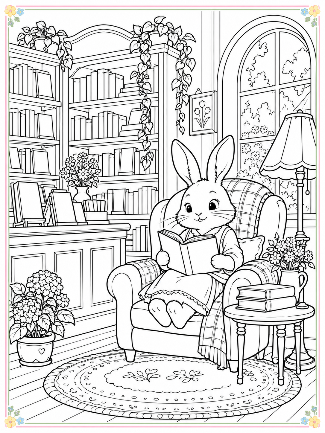 Black-and-white cozy bunny bookshop coloring sheet with a thin pastel floral border