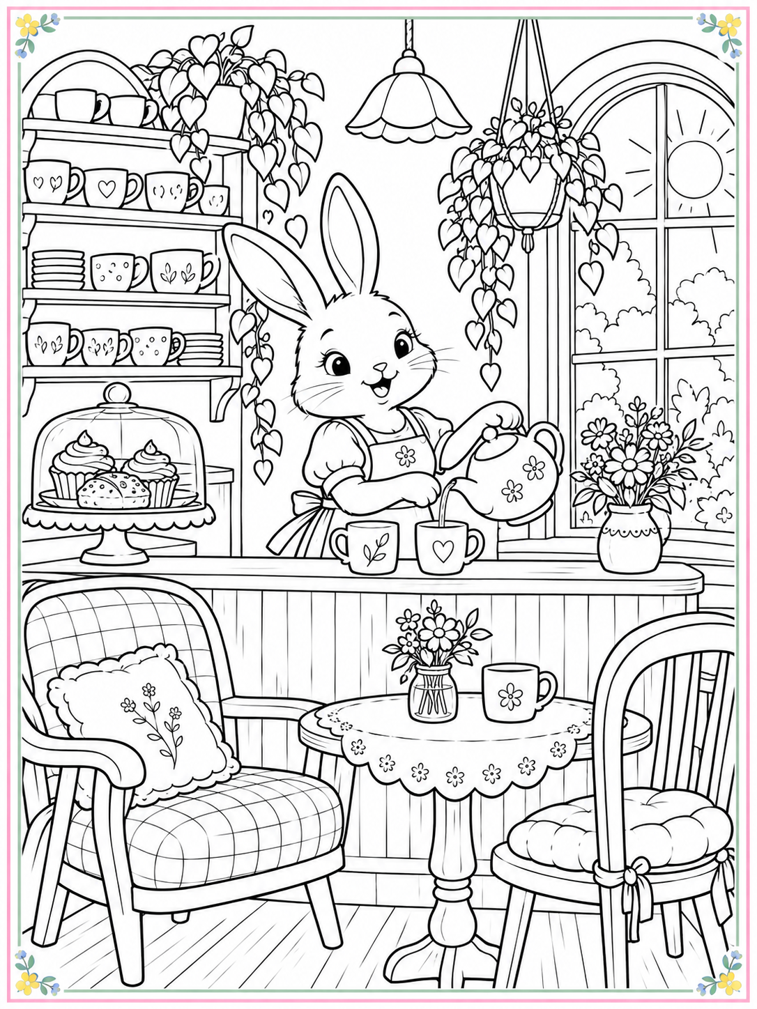 Black-and-white cozy bunny cafe coloring sheet with a thin pastel floral border
