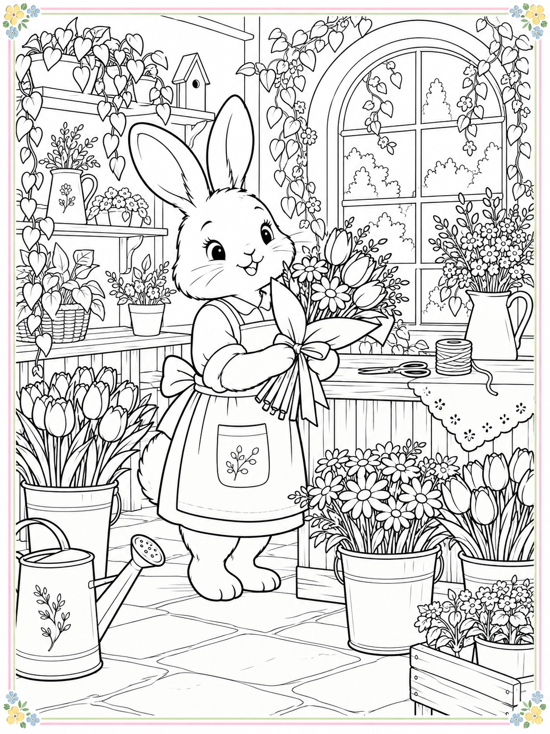 Black-and-white cozy bunny flower shop coloring sheet with a thin pastel floral border