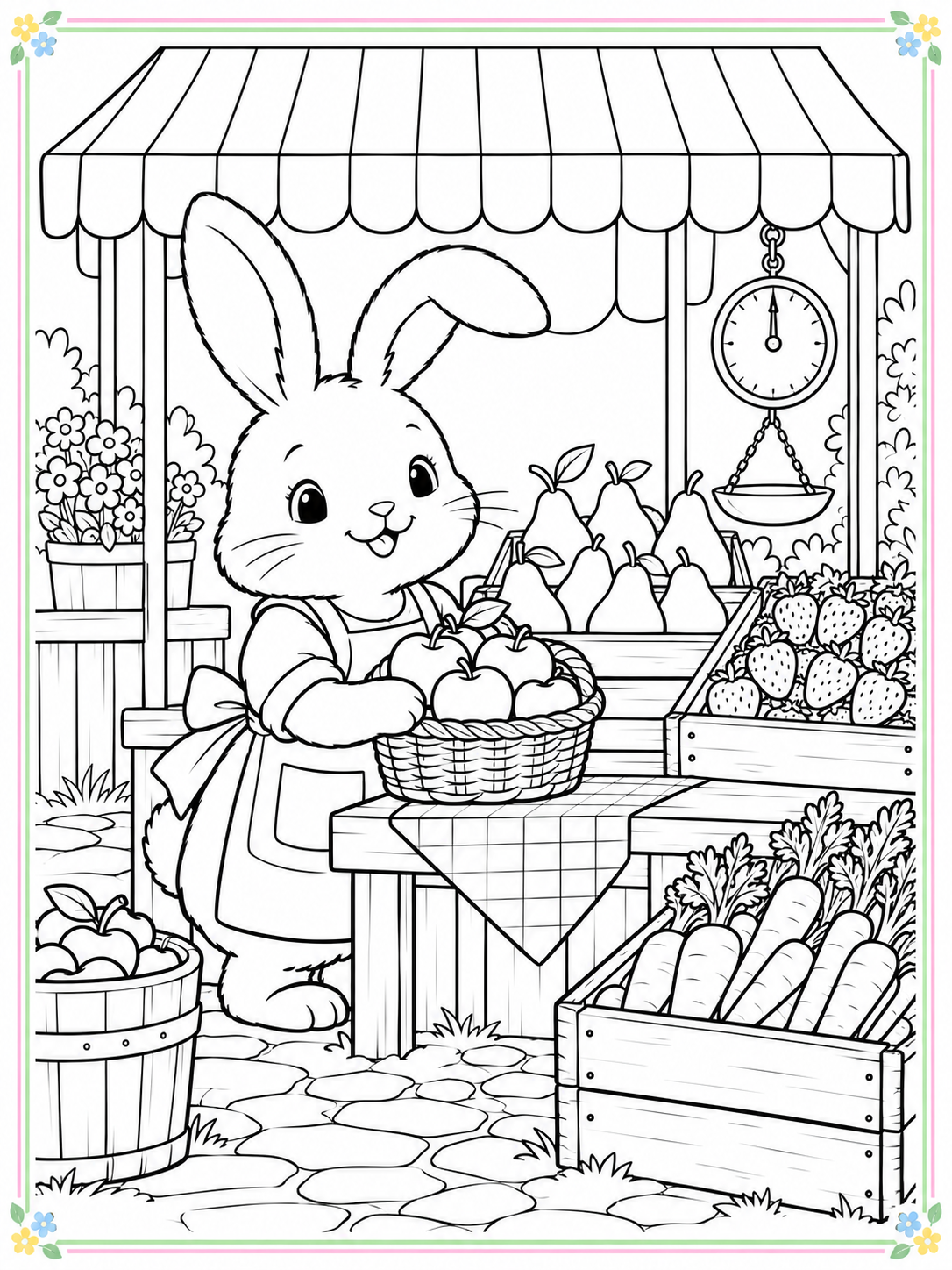 Black-and-white cozy bunny fruit shop coloring sheet with a thin pastel floral border