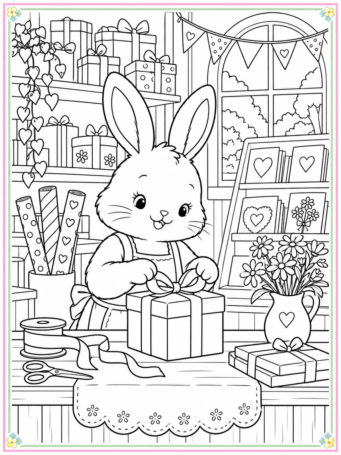 Black-and-white cozy bunny gift shop coloring sheet with a thin pastel floral border