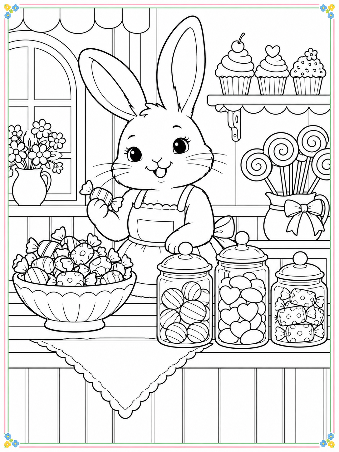 Black-and-white cozy bunny sweet shop coloring sheet with a thin pastel floral border
