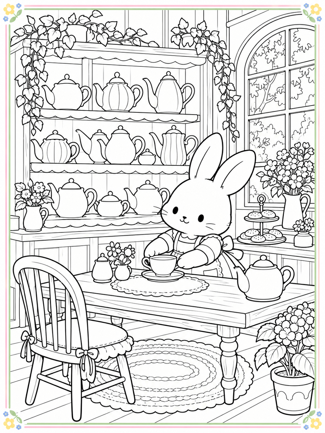 Black-and-white cozy bunny tea shop coloring sheet with a thin pastel floral border