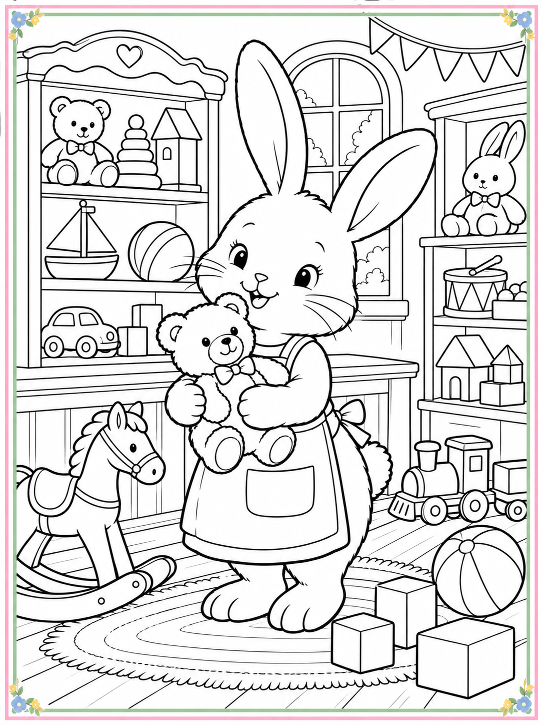 Black-and-white cozy bunny toy shop coloring sheet with a thin pastel floral border