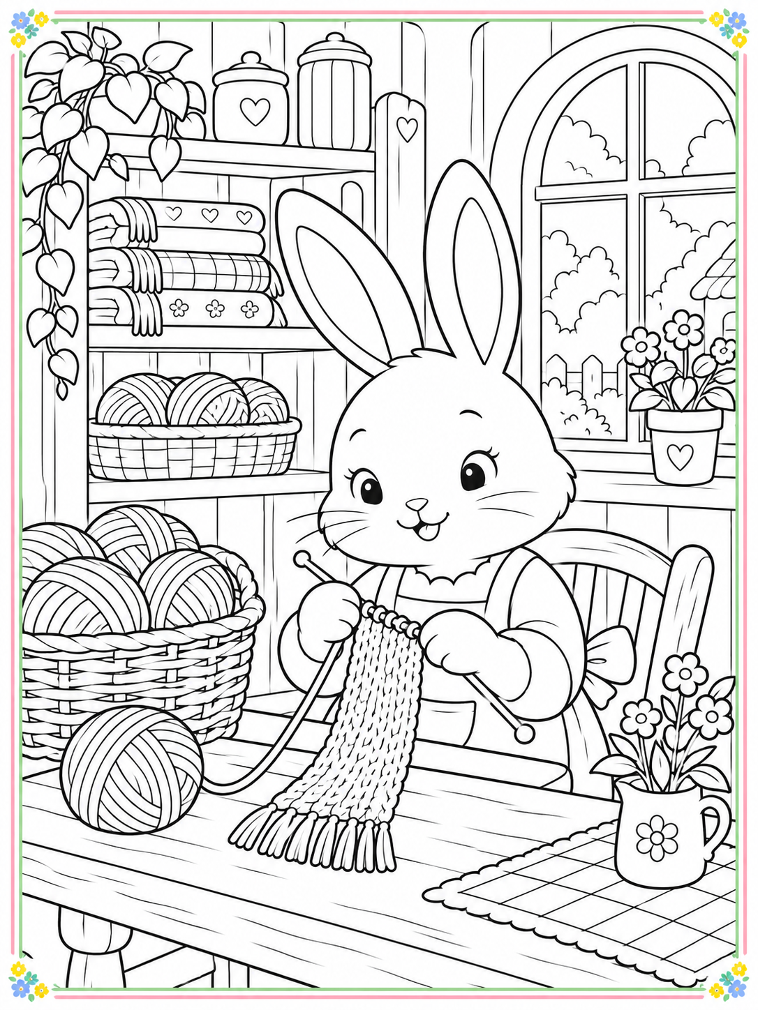 Black-and-white cozy bunny yarn shop coloring sheet with a thin pastel floral border