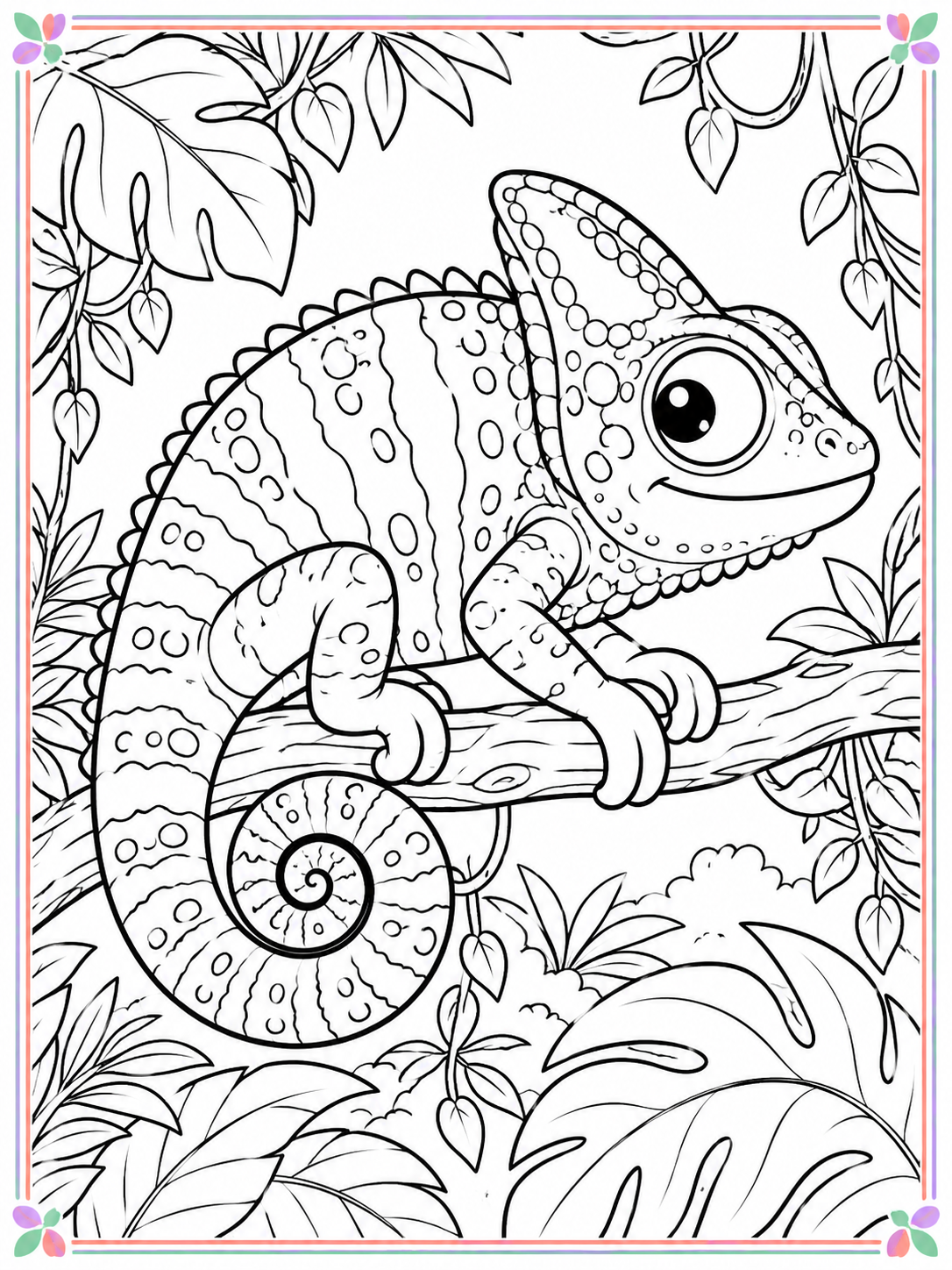 Large cute chameleon in a jungle coloring scene with a thin colorful border