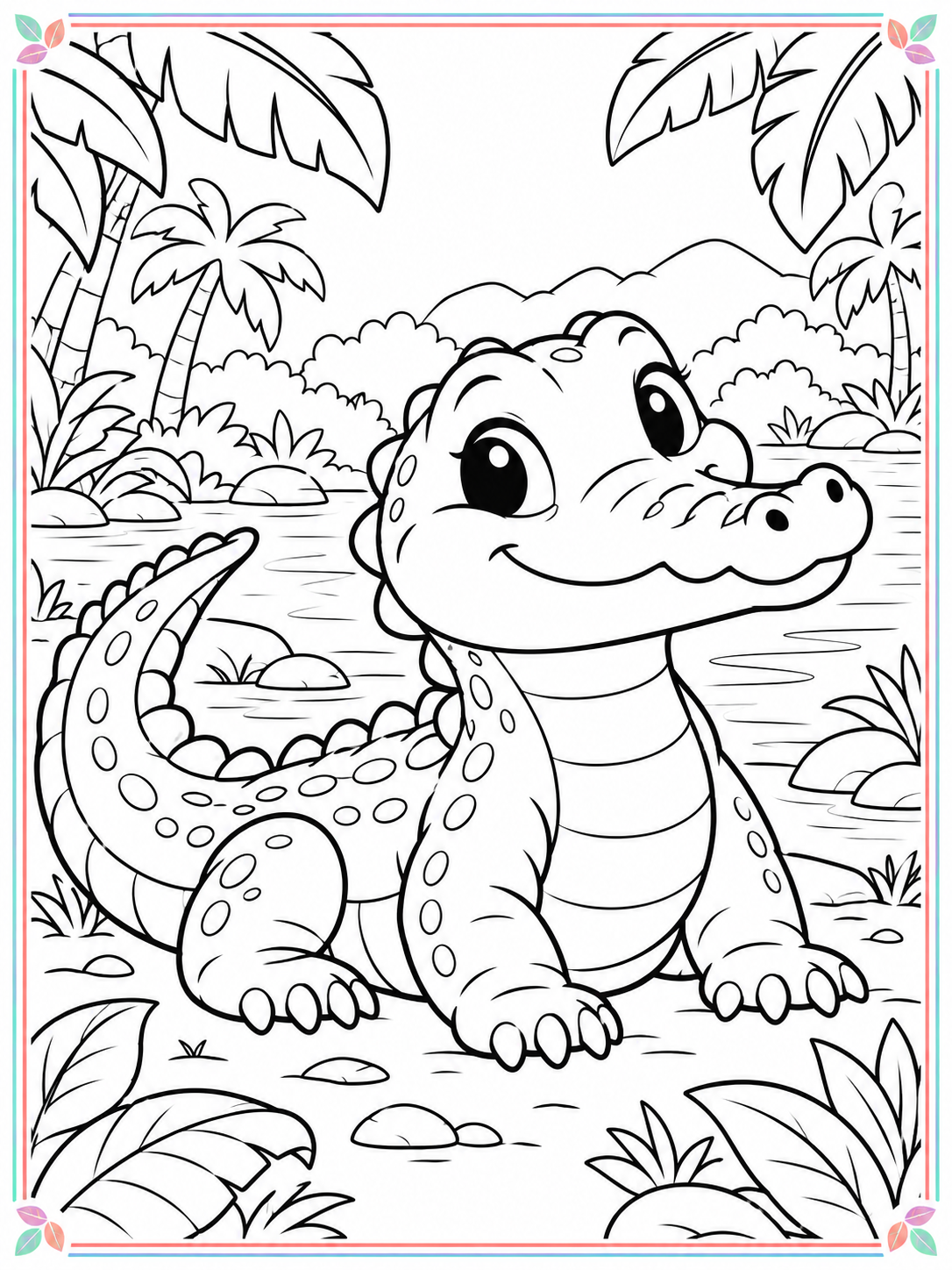 Large cute crocodile in a jungle coloring scene with a thin colorful border