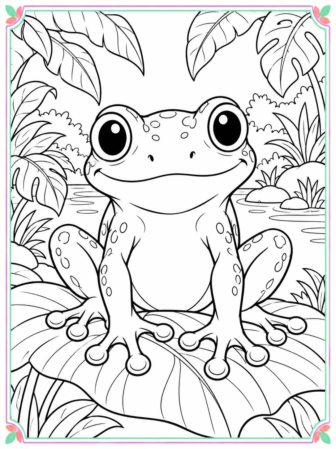 Large cute frog in a jungle coloring scene with a thin colorful border