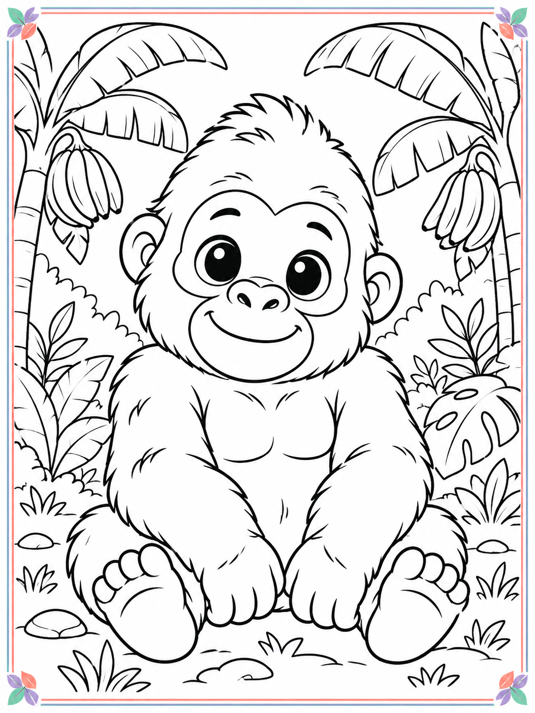 Large cute gorilla in a jungle coloring scene with a thin colorful border