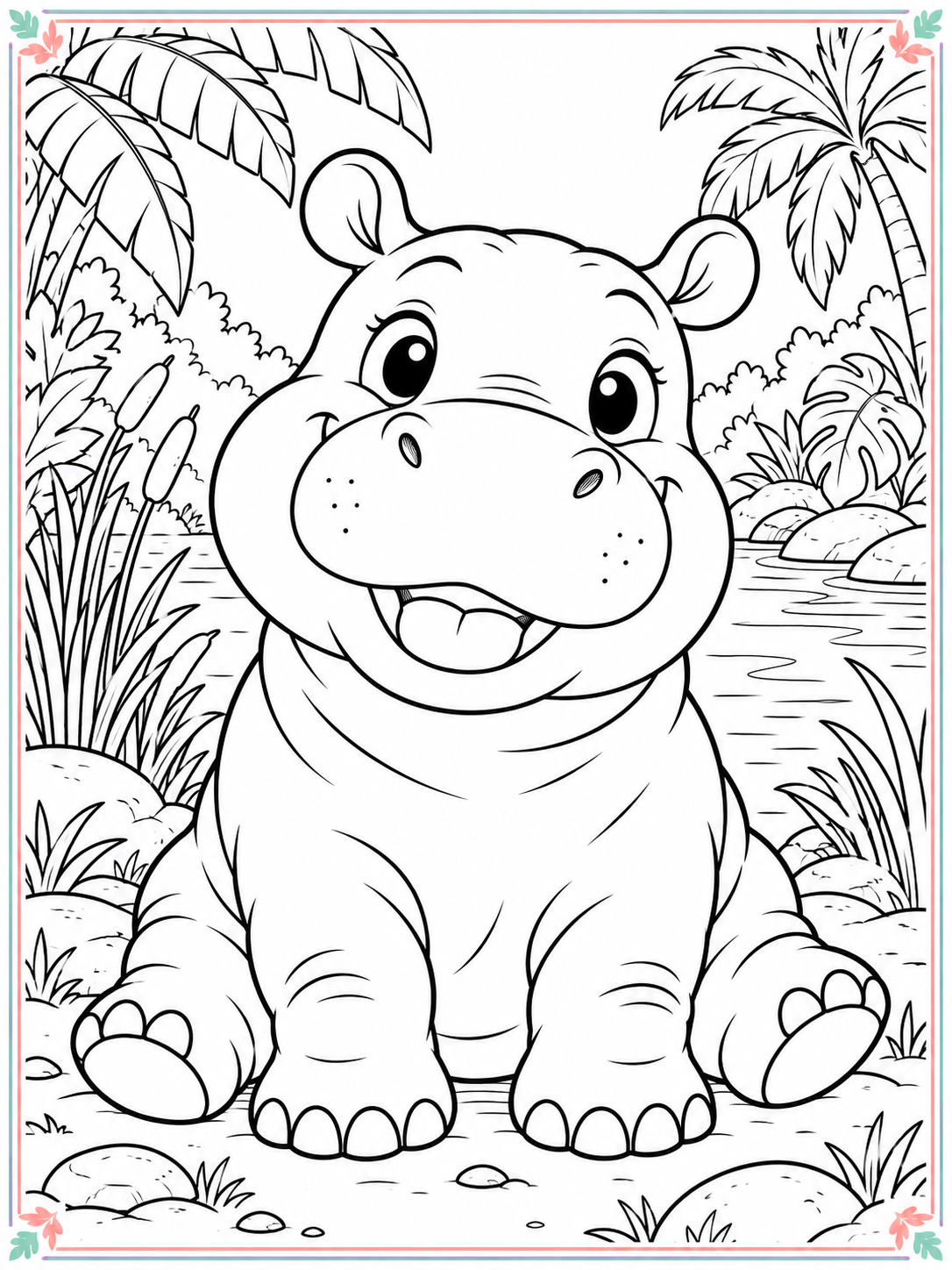 Large cute hippo in a jungle coloring scene with a thin colorful border