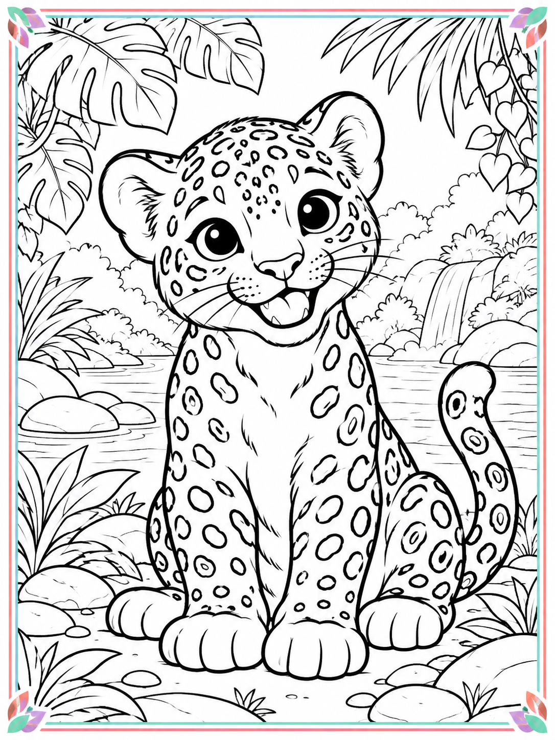 Large cute jaguar in a jungle coloring scene with a thin colorful border