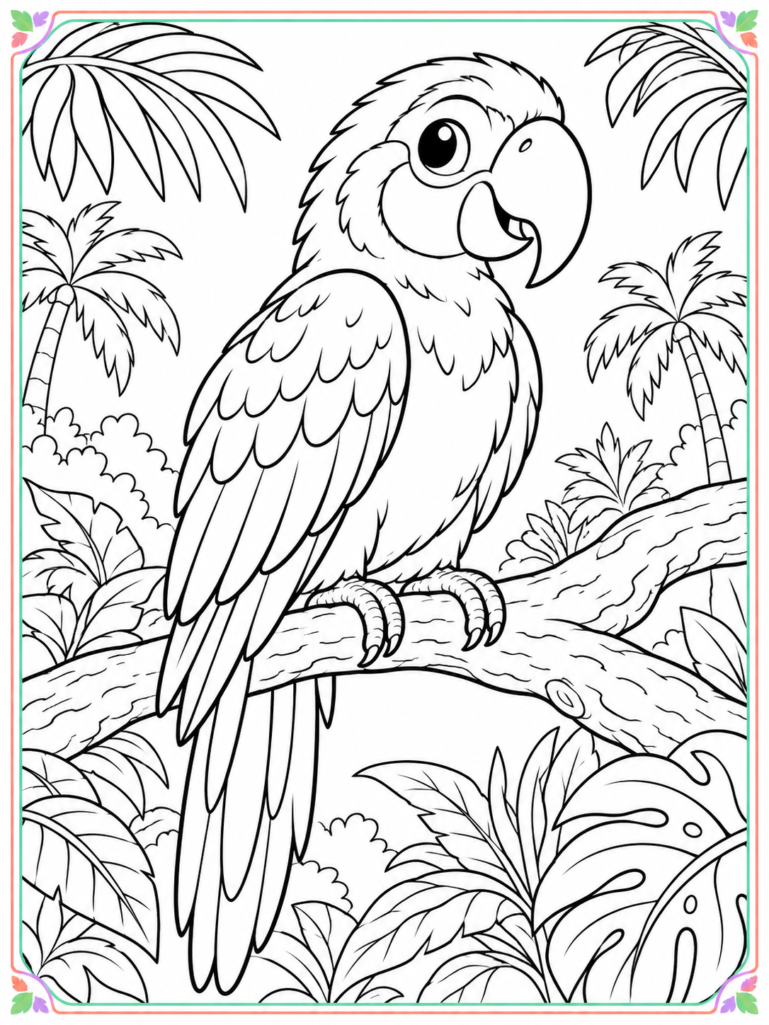 Large cute macaw in a jungle coloring scene with a thin colorful border