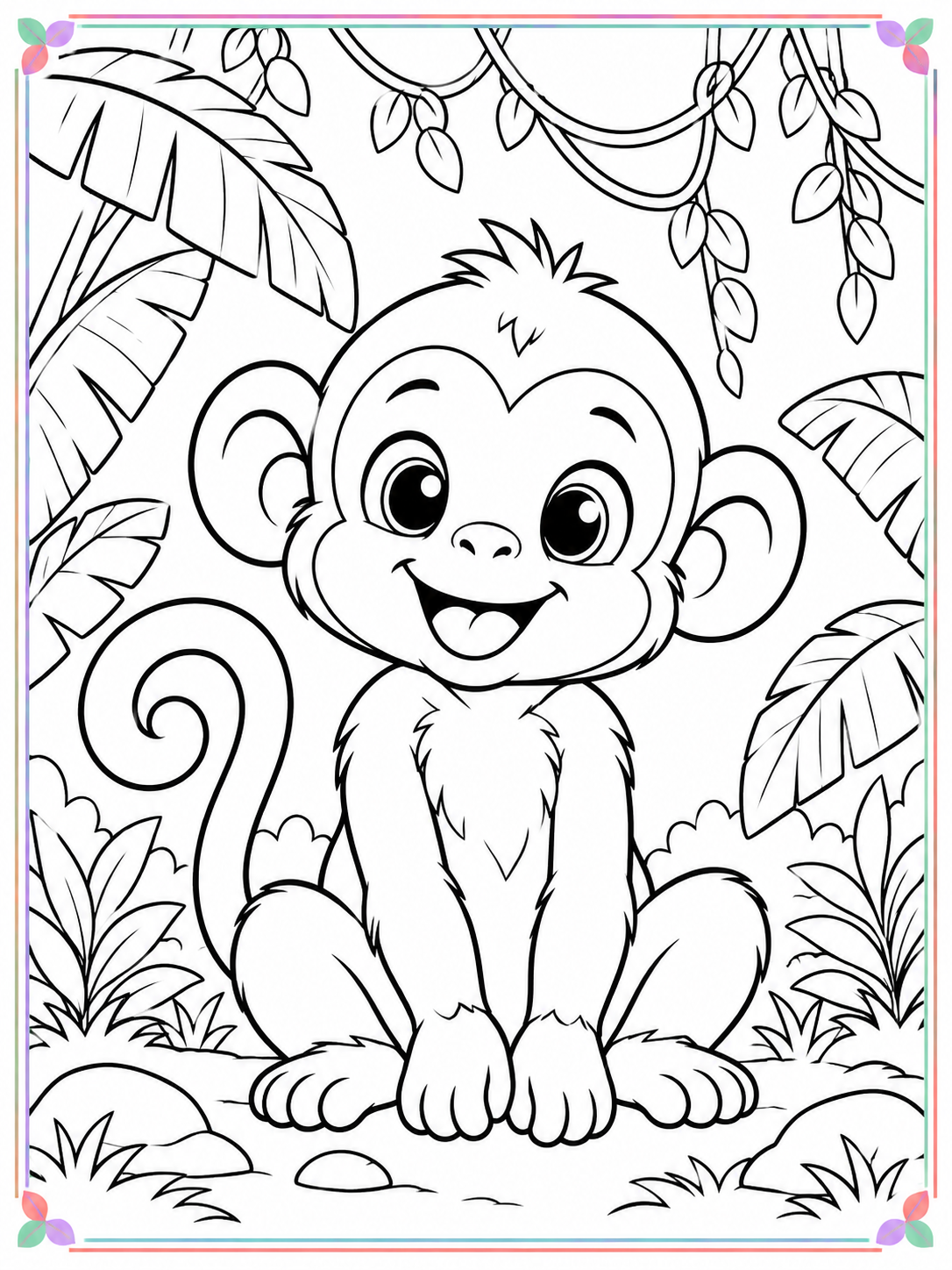 Large cute monkey in a jungle coloring scene with a thin colorful border