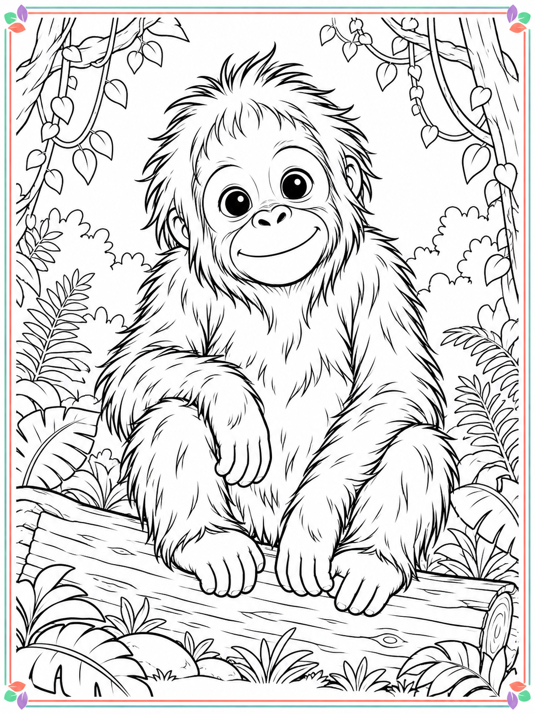 Large cute orangutan in a jungle coloring scene with a thin colorful border