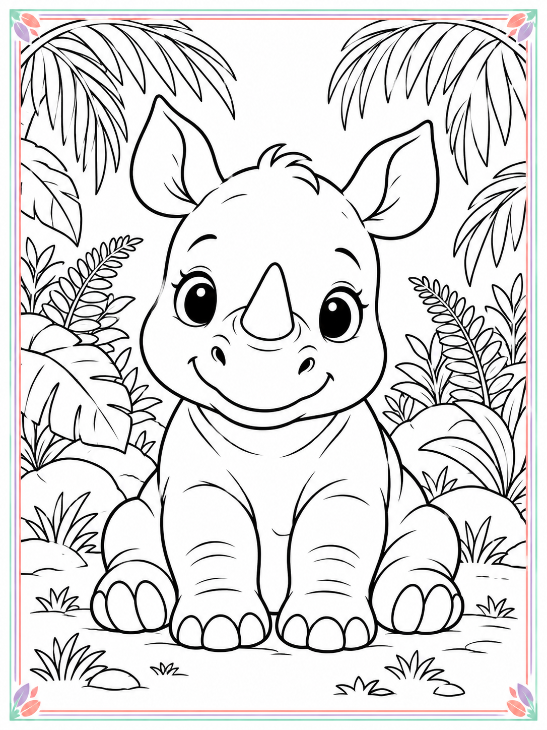 Large cute rhino in a jungle coloring scene with a thin colorful border
