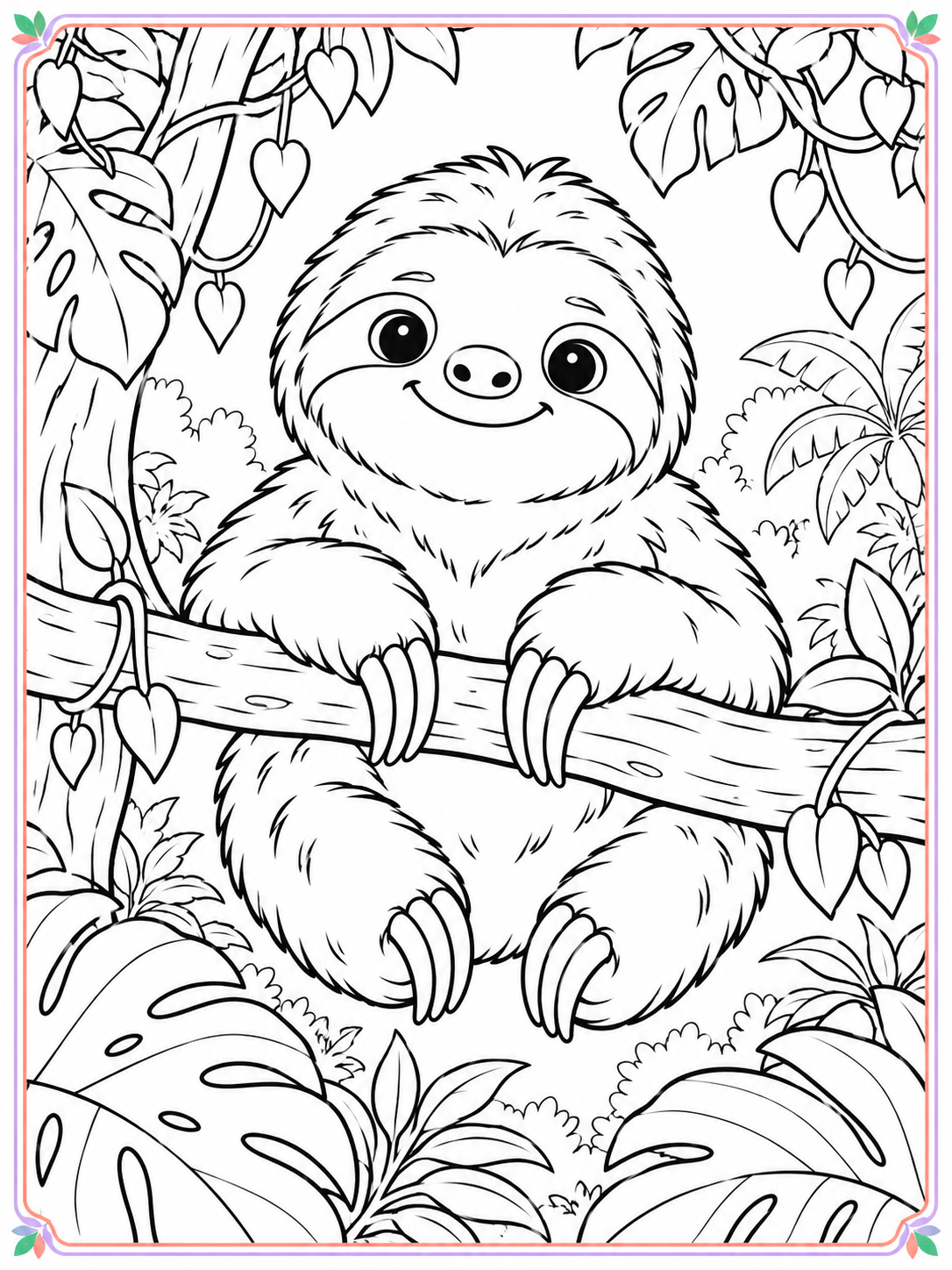 Large cute sloth in a jungle coloring scene with a thin colorful border