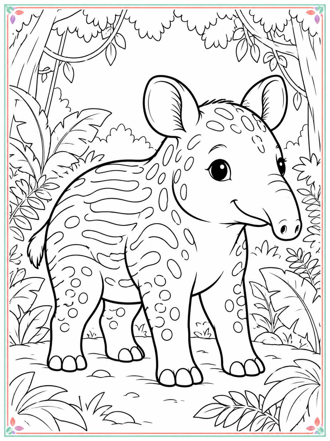 Large cute tapir in a jungle coloring scene with a thin colorful border