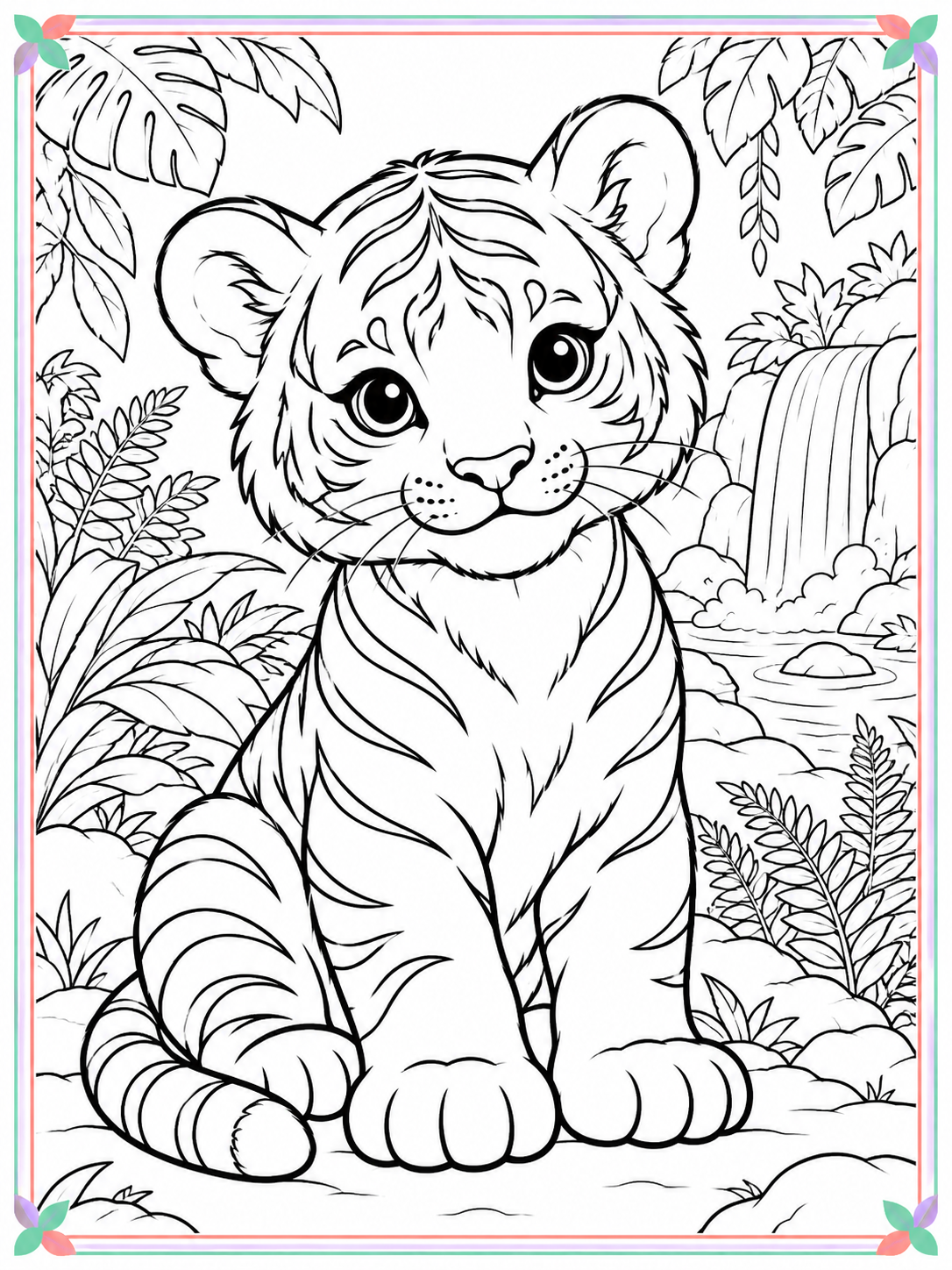 Large cute tiger in a jungle coloring scene with a thin colorful border
