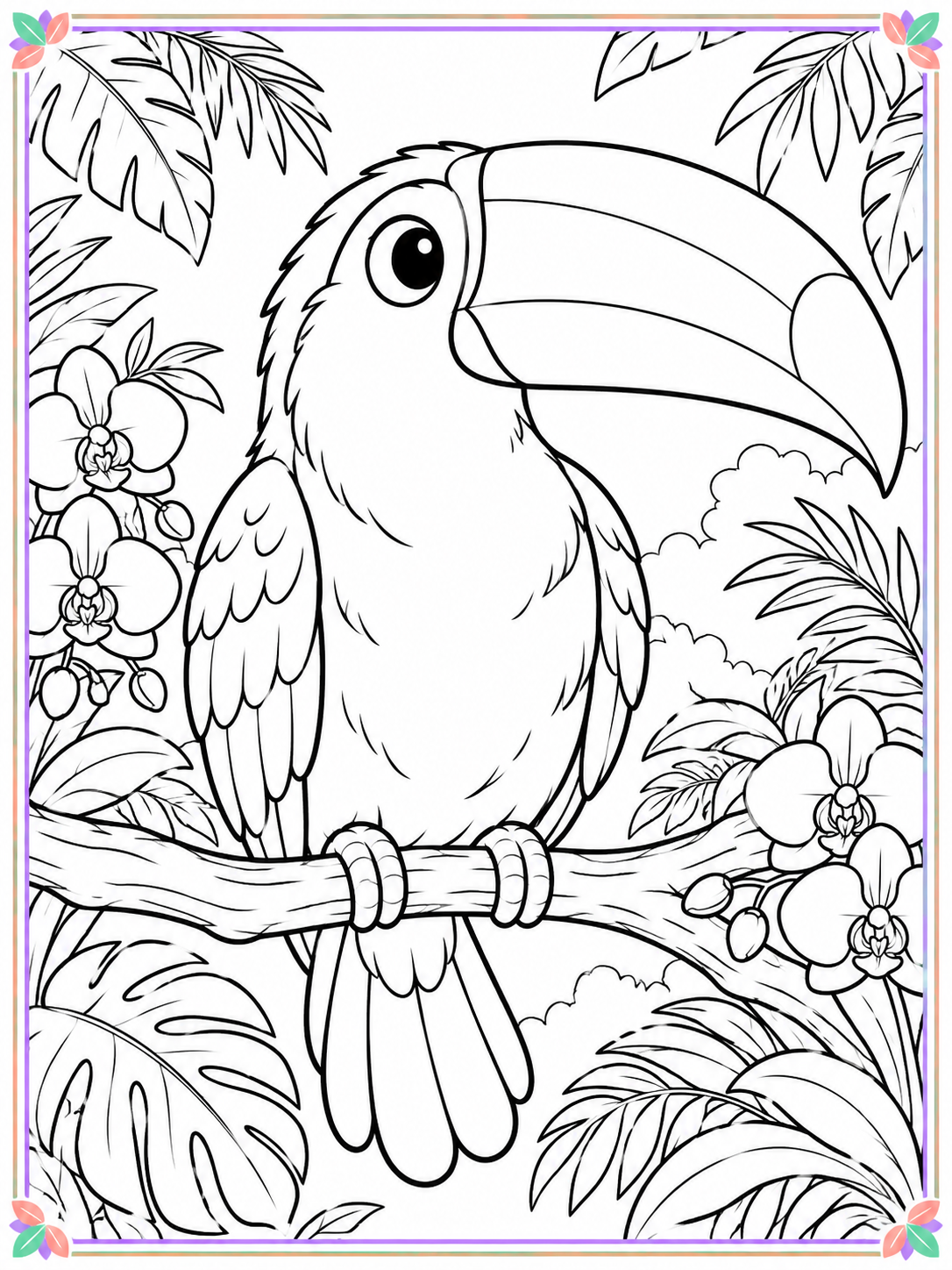 Large cute toucan in a jungle coloring scene with a thin colorful border