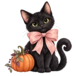 A black kitten wearing a large pink bow beside a pumpkin on a transparent background