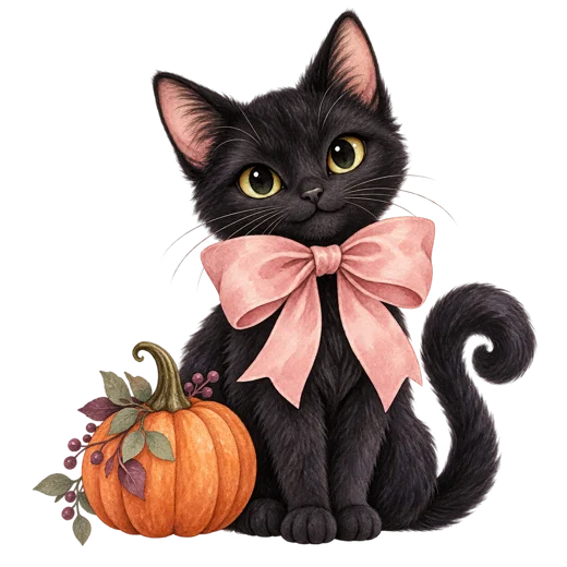 A black kitten wearing a large pink bow beside a pumpkin on a transparent background
