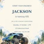 Blue and green monster truck with checkered flags and editable birthday invitation text