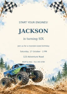 Blue and green monster truck with checkered flags and editable birthday invitation text