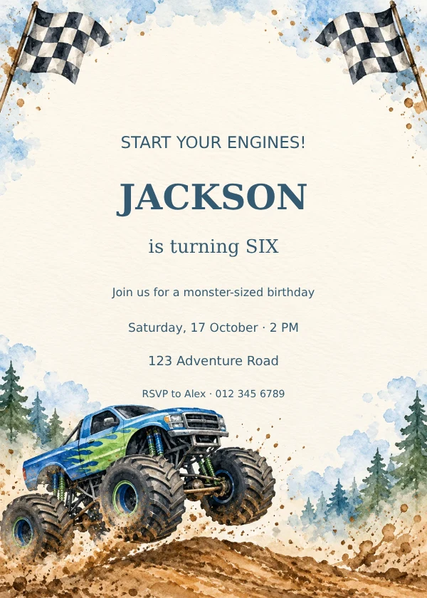 Blue and green monster truck with checkered flags and editable birthday invitation text