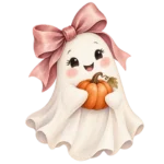 A cream ghost with a dusty pink bow holding an orange pumpkin on a transparent background