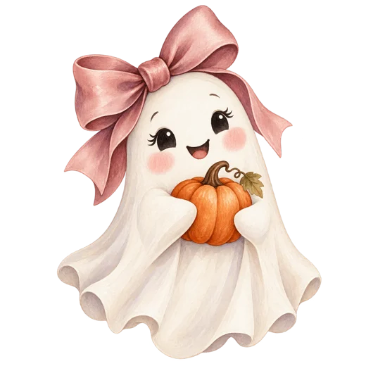 A cream ghost with a dusty pink bow holding an orange pumpkin on a transparent background