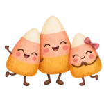 Three smiling pastel candy corn characters on a transparent background