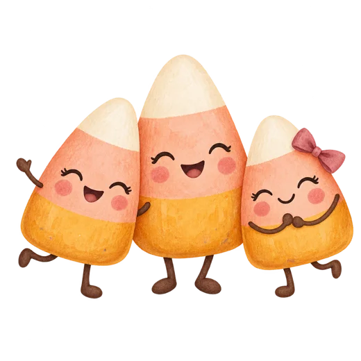 Three smiling pastel candy corn characters on a transparent background