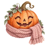 An orange jack-o-lantern wearing a pink knitted scarf on a transparent background