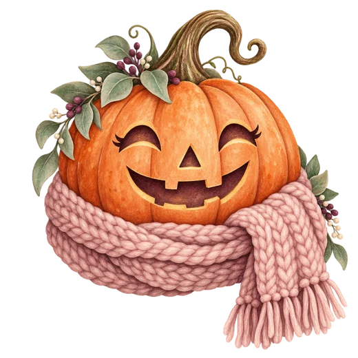 An orange jack-o-lantern wearing a pink knitted scarf on a transparent background