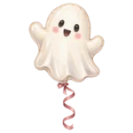 A cream ghost-shaped balloon with a curling pink ribbon on a transparent background