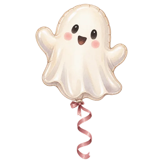 A cream ghost-shaped balloon with a curling pink ribbon on a transparent background