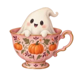 A little cream ghost in a pink pumpkin-patterned teacup on a transparent background