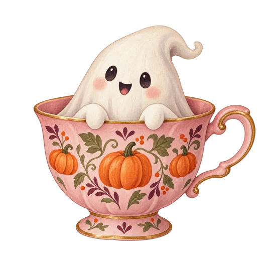 A little cream ghost in a pink pumpkin-patterned teacup on a transparent background