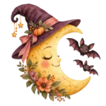 A golden crescent moon wearing a witch hat with two tiny bats on a transparent background