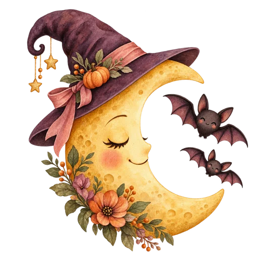 A golden crescent moon wearing a witch hat with two tiny bats on a transparent background