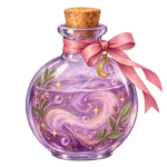 A lavender potion bottle with sparkles and a pink ribbon on a transparent background