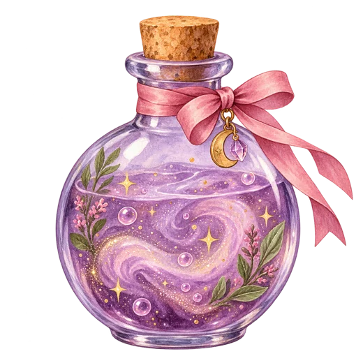 A lavender potion bottle with sparkles and a pink ribbon on a transparent background